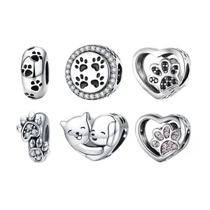 SEM 925 Sterling Silver Beads Dog Puppy Cat Paw Charms Fit Original Bracelets Necklaces DIY Jewelry For Women With Shiny CZ
