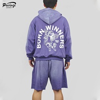 Fabricant de vêtements de rue personnalisés pour hommes surdimensionnés, délavés à l'acide, ensemble 2 pièces de short de survêtement à fermeture éclair et à capuche pour hommes et enfants