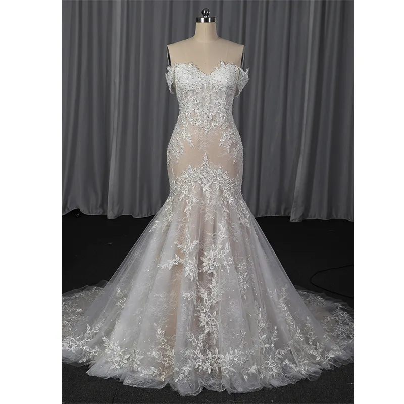 2022 Custom off-shoulder mermaid wedding dresses bridal gown lace applique with heavy beaded