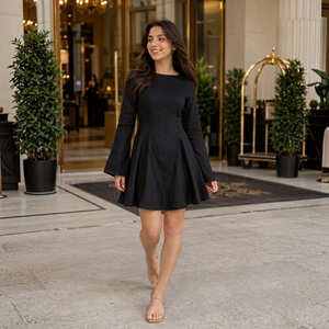 Black Cotton <b>High</b> <b>Waist</b> Mini <b>Dress</b> Designer Bohemian Simple Solid Long Sleeve Open Back Party Wear Stylish Ladies Apparel OEM - Product Image 1