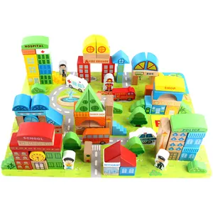 Wooden Kids Toys 100pcs City Traffic Scenes Geometric Shape Building Blocks Best Montessori Toys