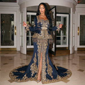 ชุดเดรสคาฟตันงานแต่งงานแบบดั้งเดิมสีน้ำเงินกรมท่าปักลายทอง ยาวคลุมพื้น ทรงเข้ารูป ยืดหยุ่นได้ สวยงามสำหรับผู้หญิง - Product Image 1