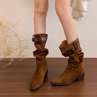 Bottines décontractées pour femmes, mi-mollet, talon bas, talon bloc, à enfiler, style décontracté