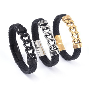 Handmade Braided <b>Leather</b> <b>Bracelet</b> for Men | PVD Gold Stainless Steel Magnetic Clasp with Chain Link Design | Men's Fashion Brace - Product Image 1
