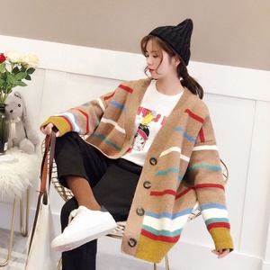 Cárdigan informal con cuello en V para mujer, suéter con botones abiertos en la parte delantera, a rayas de arco iris, abrigo suelto de punto para primavera y otoño - Product Image 4