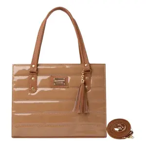 Sac fourre-tout en cuir verni pour femme Fana Kaela, couleur camel, double poignée, fermeture à glissière, style décontracté avec décoration en pompon - Product Image 4