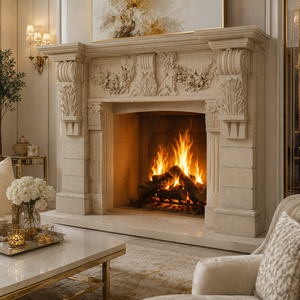 Cheminée traditionnelle en marbre avec sculptures ornées, pierre beige Porto, foyer intérieur à bois pour salle à manger - Product Image 1