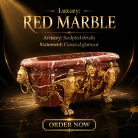 Baignoire autoportante ovale en marbre rouge avec veines blanches, pieds sculptés en forme de sirène et tête de lion dorée, luxe pour hôtel