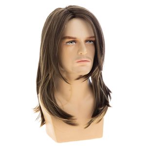 Perruques synthétiques <span class=keywords><strong>mi</strong></span>-longues pour hommes, raie centrale, brun, aspect naturel, <span class=keywords><strong>frange</strong></span> pré-coupée, fibre résistante à la chaleur, usage quotidien - Product Image 4
