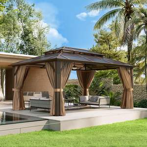 Gazebo à toit rigide, pavillon <span class=keywords><strong>permanent</strong></span> à structure en aluminium avec rideaux et moustiquaire, auvent extérieur à double toit en polycarbonate - Product Image 1