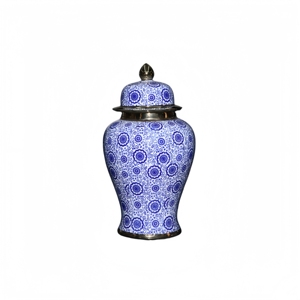 Pot de rangement en céramique chinoise peint à la main, motif floral Art Déco bleu et blanc avec accents dorés, écologique, pour la décoration de villa - Product Image 1