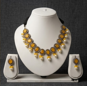 Yellow Stone Oval Link Custom Ethnic Necklace Earring Set Women Traditional Statement Jewelry Gold Finish Wedding Party Festival - Product Image 1