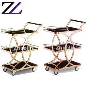 Hotel supplies 5 star room service mobile dinner tea dessert cake wine display beverage cart for hotel beauty rose gold trolley