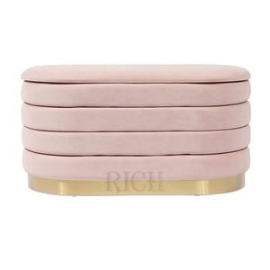 Taburete de terciopelo ovalado para dormitorio, taburete suave de lujo, moderno, otomano, color rosa, italiano, oro, acero inoxidable - Product Image 4
