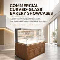 Vitrine de boulangerie commerciale en verre courbé avec base en bois massif à persiennes pour présentation de pâtisseries