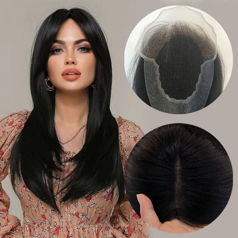 Venta directa de fábrica reemplazo de cabello de tupé humano Topper 16 pulgadas color grueso natural pu FQ6 1B para mujeres