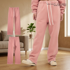 Pantalones deportivos de lana rosa para hombre, cintura elástica con cordón, estilo urbano, informal, holgado, de peso medio, para otoño - Product Image 3