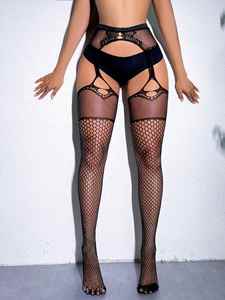 Nouveau style – Collants résille noirs en soie à bretelles, une pièce, sexy, à trous fins, déchirés à la main, entrejambe ouvert - Product Image 6