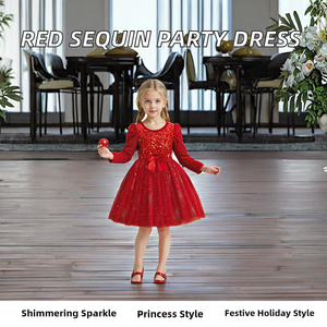 Vestido de Fiesta de Princesa con Lentejuelas Rojas Brillantes para Niñas, de Poliéster, Manga Larga, para Navidad - Product Image 2