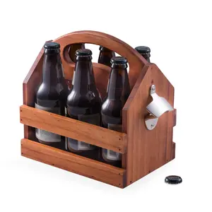 JUNJI-Caddy de cerveza de madera para decoración del hogar, organizador de botellas, portador rústico, bolso