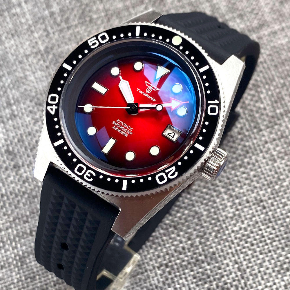 Tandorio AR Sapphire 62mas Diving Mechanical Watch Men Sunburst Red/Blue  Dial NH35 Movt Steel Bracelet 120click Bezel Reloj 200M