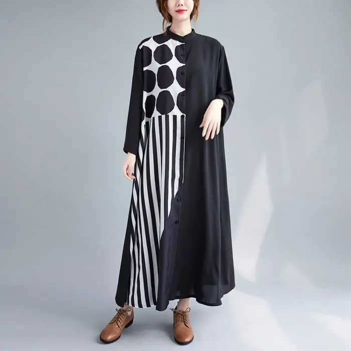 QZ5613 New 2023 Korean Stylish Color Block Print Lovely Long Dress Women's Dresses Clothing Wholesale 5