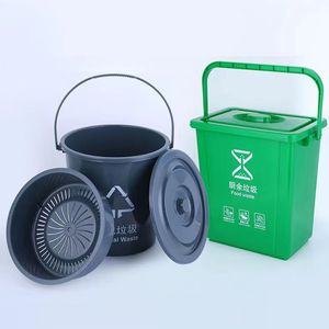 Household Kitchen Waste Bucket 10L 15L 20L With Lid And Handle Cylindrical Indoor Use Green And Gray Color - Product Image 1