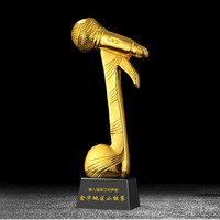 Trophée en cristal 3D en forme de note de musique avec microphone, design stéréoscopique poli pour l'honneur des chanteurs, avec base trapézoïdale noire brillante