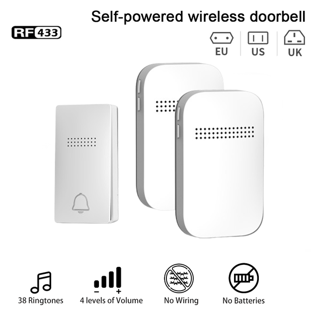 High Quality No Battery UK US EU Plug RF 433MHz Doorbell 100V-240V Self Powered Wireless Smart Doorbell for Smart Home Products