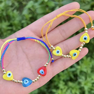 BG1165 Eleganti Braccialetti Macramè Regolabili con 3 Perle Multicolore in Vetro Lampwork, Motivi Floreali, Occhio Turco, Mano di Fatima, Cuore, Fiore e Perline Dorate - Product Image 2