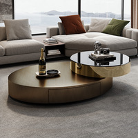Ensemble de table basse centrale ovale rotative extensible en verre trempé en acier inoxydable de conception créative moderne rangement pour le salon