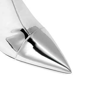 Sepatu bot Wanita hak Stiletto ujung runcing ritsleting kain berpayet tinggi lutut perak metalik seksi kustom mode - Product Image 3