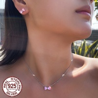 Ensemble de bijoux en CZ double cœur rose, collier avec pendentif en forme de nœud et boucles d'oreilles pour femmes, en argent sterling 925, cadeau romantique pour mariée