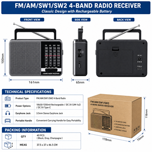 Radio Portátil AM <span class=keywords><strong>FM</strong></span> SW de 3 Bandas, Radio Recargable 5.1, Reproductor de Música USB TF, Carga Tipo-C - Product Image 4