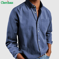 Kemeja Pria Vintage Kerah Lapel Warna Solid Kancing Depan Kasual Lengan Panjang Bahan Denim Dengan Saku Dada untuk Pakaian Sehari-hari Gaya Eropa