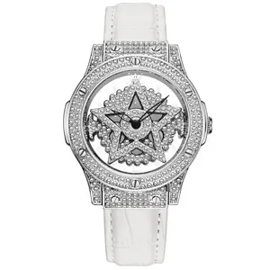Jam tangan wanita Quartz wanita, arloji kulit anti air desain mewah berkilau Hip Hop elegan modis