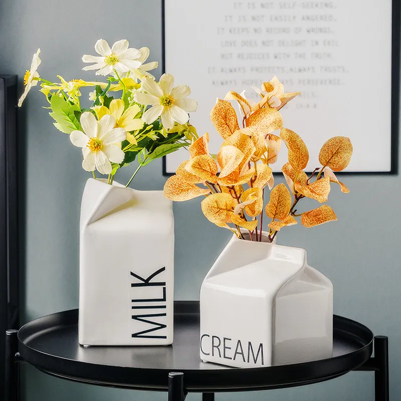 Factory direct sell creative milk box house desktop decoration white glazed square porcelain ceramic vases for home decor