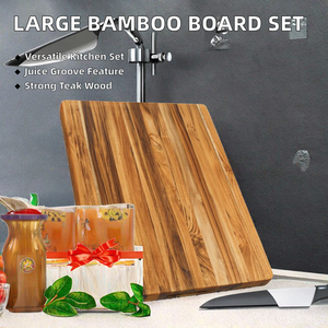 Tabla de cortar grande de madera de teca duradera con mango de fácil agarre, ranura para jugos, incluye recipientes, tapas, ralladores y juego de bloques para tallar. - Product Image 2