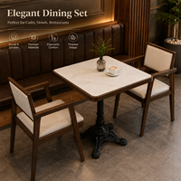 Ensemble de salle à manger, surface en pierre frittée blanche avec bordure en bois massif, chaise rembourrée pour salon de thé, jazz bar et usage en salon