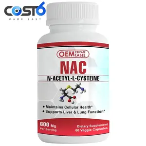 OEM N-acetil-cisteína (NAC) cápsulas contêm 600 mg do aminoácido L-cisteína e estão disponíveis como cápsulas vegetarianas que um