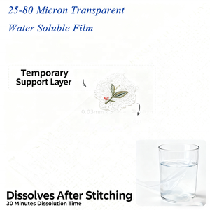 100% Material PVA Textiles <span class=keywords><strong>para</strong></span> el hogar Película hidrofóbica 25-80 MicronTransparent Estabilizador de película <span class=keywords><strong>soluble</strong></span> en <span class=keywords><strong>agua</strong></span> fría Embalaje <span class=keywords><strong>para</strong></span> bordado - Product Image 4