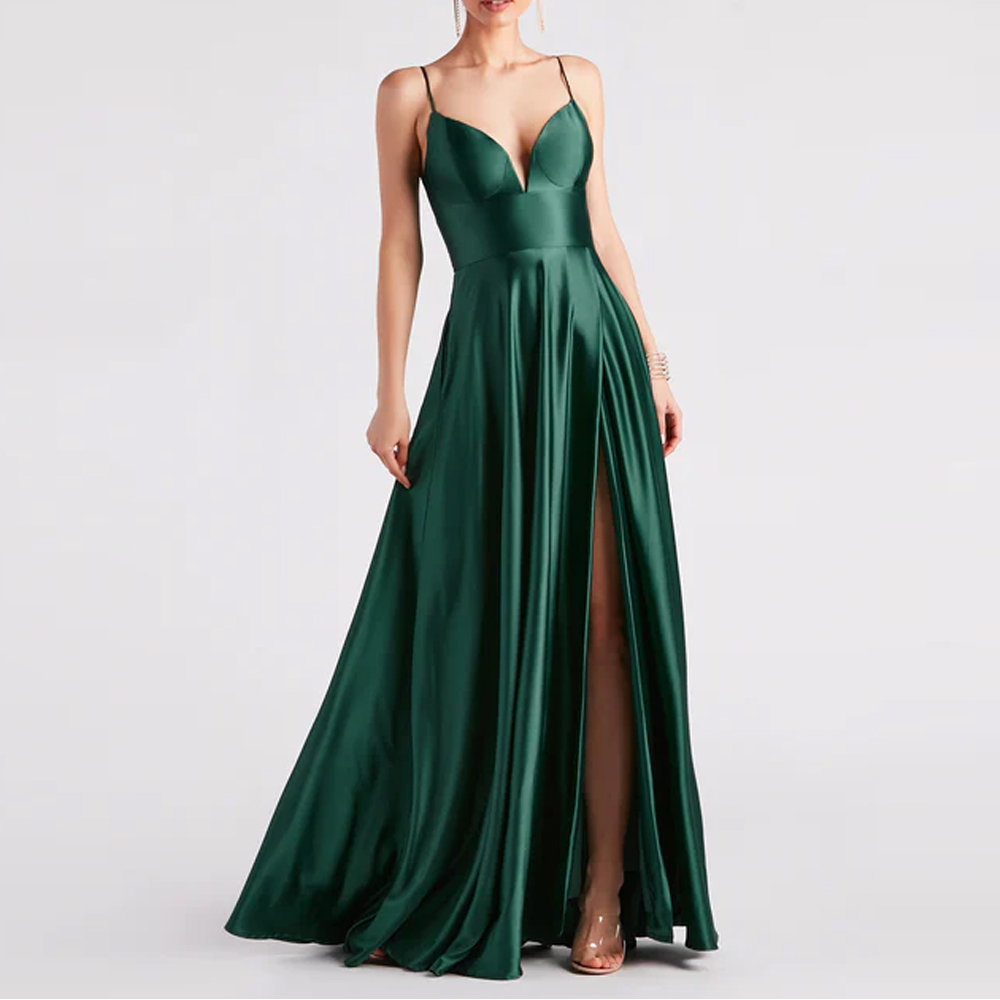 Personalizado Sem Mangas Elegante Silk Deslizamento Longo Cetim Vestidos De Prom 2023 Evening Slit Maxi Prom Dress