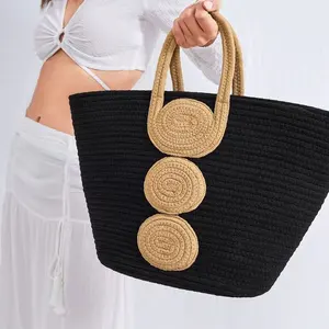 Vente en gros de corde en coton crochet sac avec poignée en paille sac fourre-tout d'été grand sac de plage fourre-tout