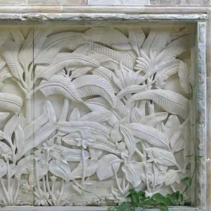 Escultura de Relieve de Piedra Bali Beige de Diseño Personalizado, Piedra Caliza Natural 100% Tallada a Mano, Patrón Floral 3D, Arte Mural Moderno para Villa - Product Image 4