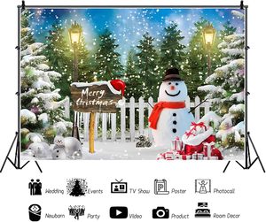 Fondo Fotográfico de Navidad y Año Nuevo con Decoración de Banderas, Nieve, Copos de Nieve, Muñecos de Nieve, Pinos y Bosques - Product Image 4
