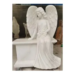 Custom White Marble Granite Cemetery Memorial Angel Statue On Bench Headstone Tombstone