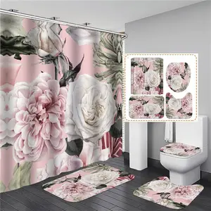 Juego de cortina de ducha con estampado de flores grandes rosa, alfombra antideslizante, pantalla de baño, impermeable, decoración de baño con gancho