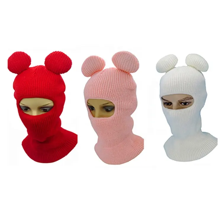 Jual promo balaclava rajut pria wanita, masker ski putih dengan telinga, beanie masker ski satu lubang, topi liburan uniseks, hadiah anak-anak dan dewasa