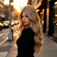 Perruque fabriquée à la machine - Perruque blonde longue, ondulée et volumineuse pour femmes. Cheveux blonds à la mode, résistants à la chaleur, avec une raie.