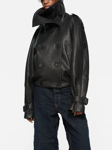 Giacca Corta da Motociclista da <span class=keywords><strong>Donna</strong></span> in <span class=keywords><strong>Vera</strong></span> <span class=keywords><strong>Pelle</strong></span> di Pecora Tinta Unita Autunnale con Collo alla Coreana Antivento Vestibilità Comoda Casual e alla Moda - Product Image 3